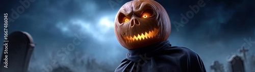Pumpkin zombie rising from graveyard concept. Eerie Halloween pumpkin figure standing in a dark graveyard scene.