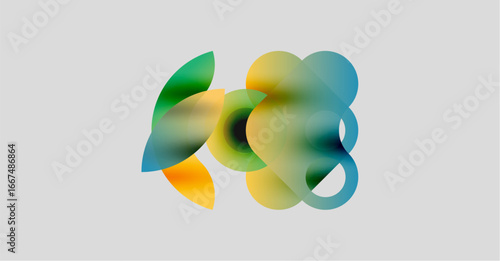 Abstract shapes overlap, creating vibrant color blends. Soft gradients suggest fluidity, movement, modern design. Light background enhances visual impact.