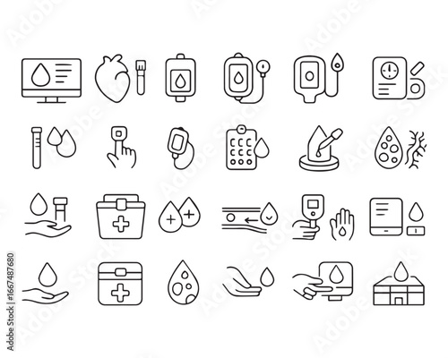 Set of outline icons related to blood. Linear icon collection