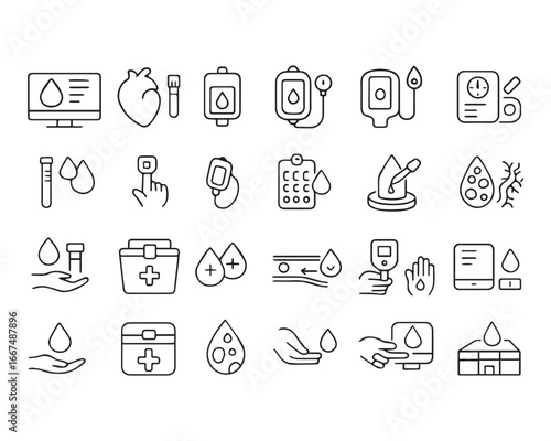 Set of outline icons related to blood. Linear icon collection