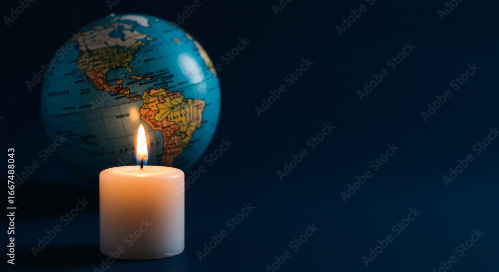 Fototapeta premium A small lit candle in front of the globe, plain background with copy space, symbol of prayer for the earth.