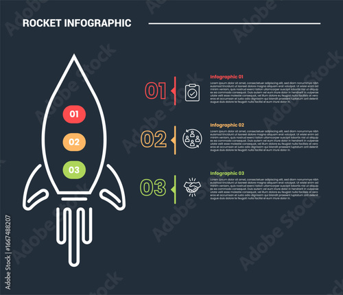 rocket launch concept infographic process diagram with standing rocket and stacked list opposite position with dark background bright outline style and 3 points