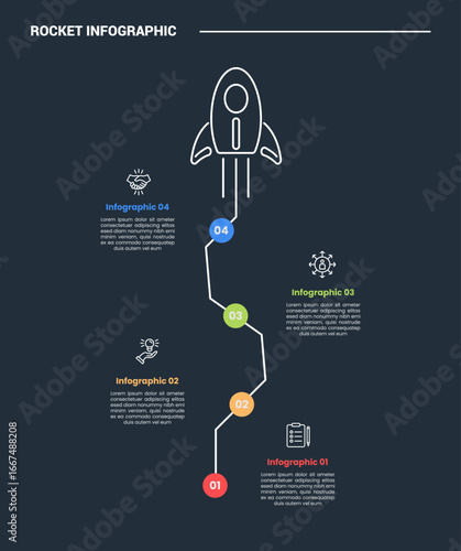 rocket launch concept infographic process diagram with vertical journey roadmap style with dark background bright outline style and 4 points