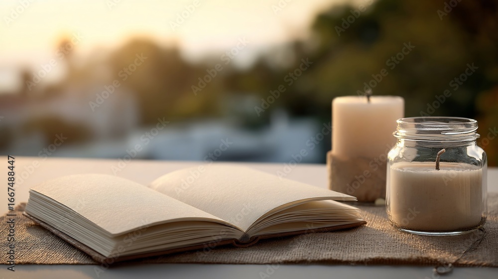 Fototapeta premium Open book and candles sit on a surface, with a blurry outdoor background