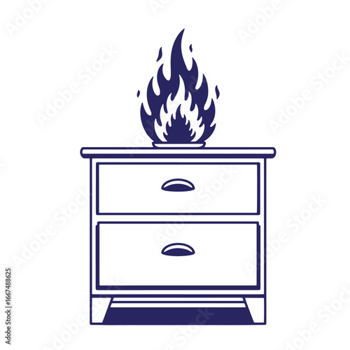 Illustration of a nightstand with flames suggesting danger or possible destruction