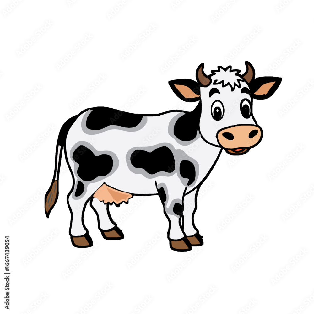 Fototapeta premium Vector cartoon black and white cow isolated on white background - dairy products, farming