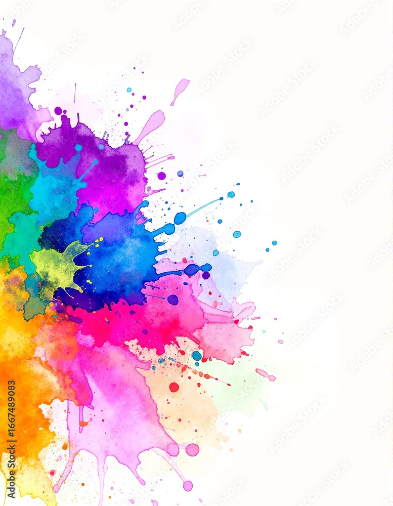 Fototapeta premium A vibrant watercolor splash in various hues on crisp white paper.