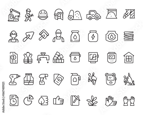 Set of outline icons related to construction. Second set. Linear icon collection