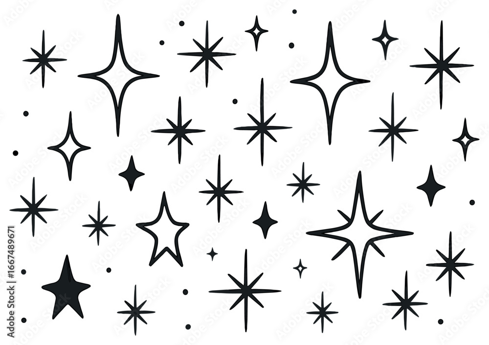 Fototapeta premium Magical starry pattern vector: celestial night sky shapes and sparkles for festive design