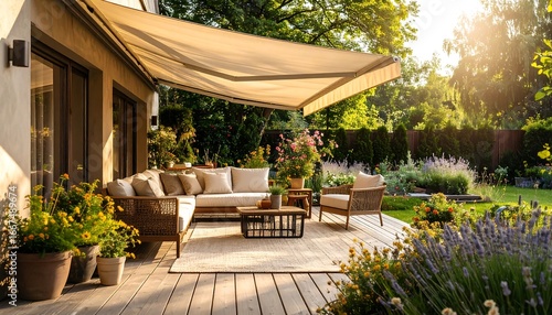 Luxury patio setup with retractable awning and manicured garden scenery