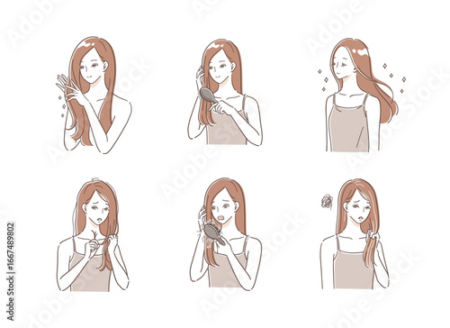 傷んだ髪の女性がヘアケアするイラストセット