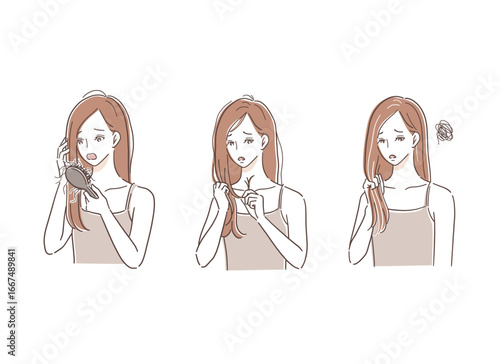 傷んだ髪にショックを受ける女性のイラストセット
