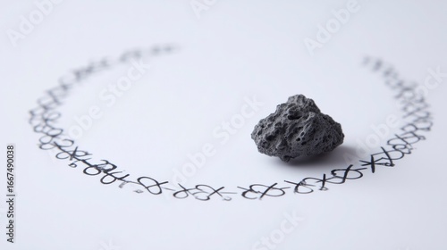 A tiny meteorite rests on an infinity symbol crafted from probability percentages.