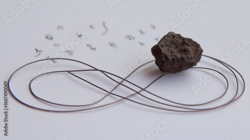 A tiny meteorite rests on an infinity symbol crafted from probability percentages.