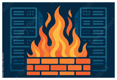 Digital firewall flames: cybersecurity protection vector for secure networks and data safety