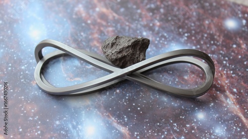 A tiny meteorite rests on an infinity symbol crafted from probability percentages.