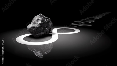 A tiny meteorite rests on an infinity symbol crafted from probability percentages.