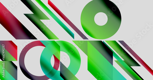 Abstract geometric composition. Vivid gradients, overlapping shapes create dynamic visual effect. Modern design, bright colors dominate.