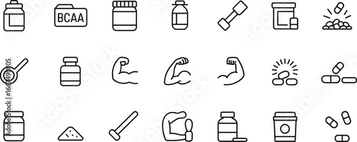 supplement jar, BCAA folder, supplement container, medicine bottle, dumbbell icon, scoop powder, pill bottle, flexed arm, barbell, fitness supplements illustration