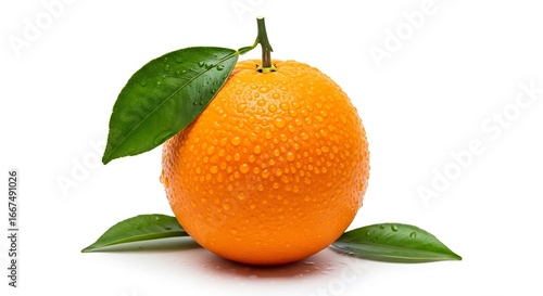 Fresh Orange with Leaves and Water Droplets on White Background