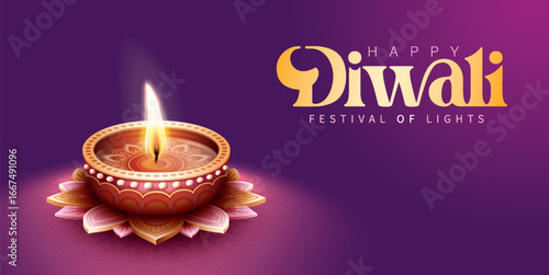 Happy Diwali festival with oil lamp, Rangoli decoration with Diya, Diwali holiday Background with rangoli, Diwali celebration greeting card,vector.
