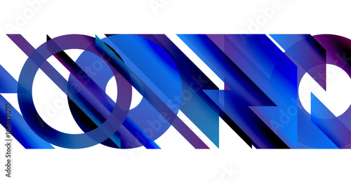 Abstract geometric shapes overlap, creating dynamic blue gradients. Modern design evokes movement, depth, complexity.
