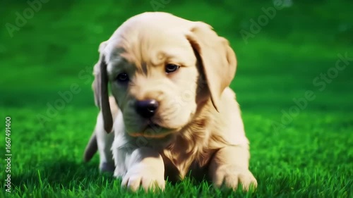 Puppy Rolling and Playing Joyfully on Green Grass Slow Motion
