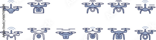 drone icons set, quadcopter, aerial camera, UAV, drone with antenna, drone signal, camera drone, rotor drone, unmanned aircraft, aerial robotics illustration