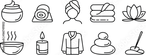 spa cream jar, rolled towels, towel head woman, folded towels leaf, lotus flower, steaming bowl, lit candle, bathrobe, spa stones, mop bucket illustration