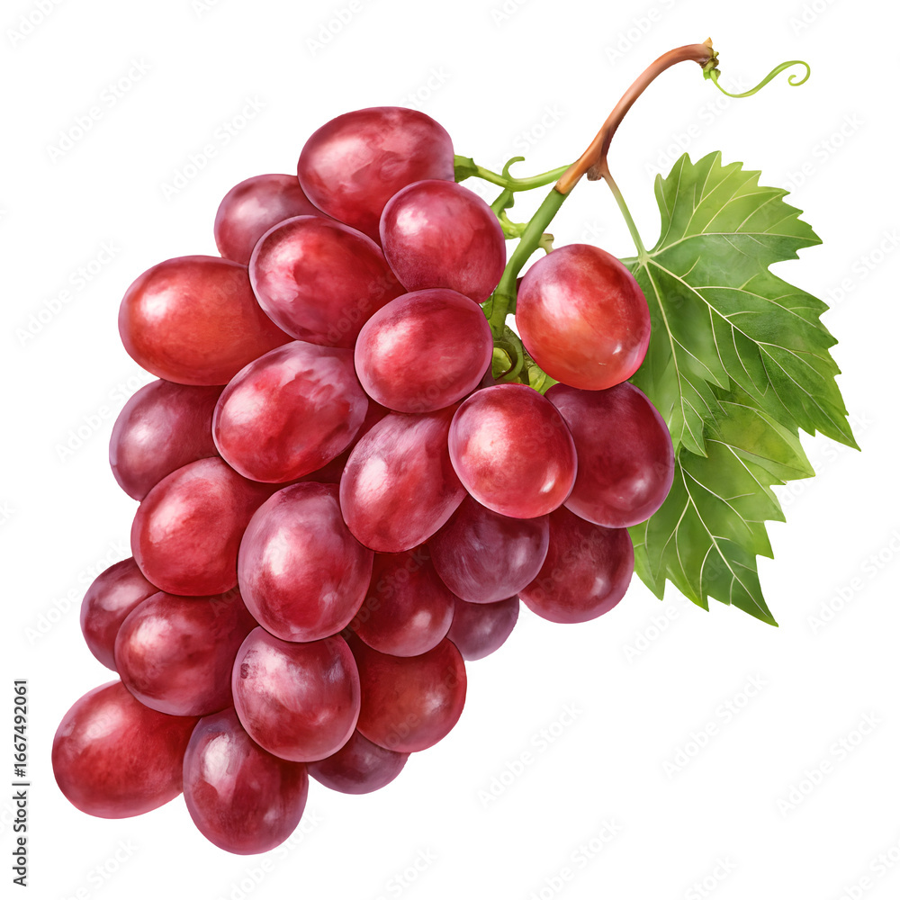 Fototapeta premium Fresh red grapes on a vine with green leaves