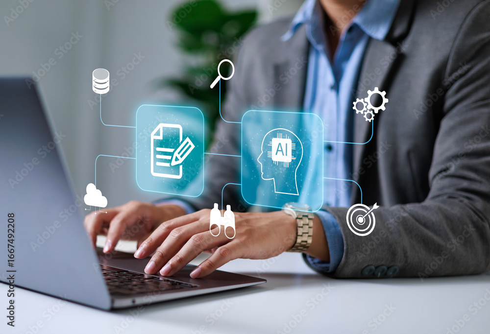 Obraz premium Businessman using laptop to control AI at desk in office. Artificial intelligence is analyzing data and generating reports. Artificial intelligence and intelligent automation (IA) technology.