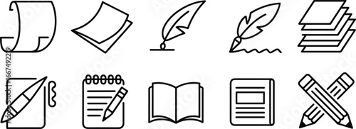 scroll icon, document stack, quill pen, writing paper, notebook pencil, open book, closed journal, crossed pencils, literature, creative writing illustration