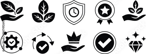 Flat vector illustration, sustainability icons, environmental care, nature leaves, quality diamond, achievement medal, process efficiency, approval check mark,