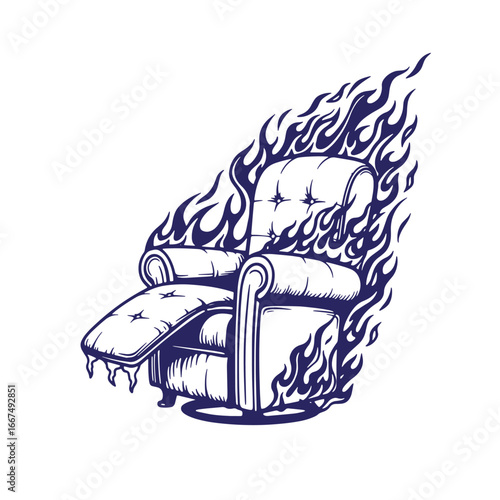 Vector illustration of a burning recliner couch surrounded by flames on a white background