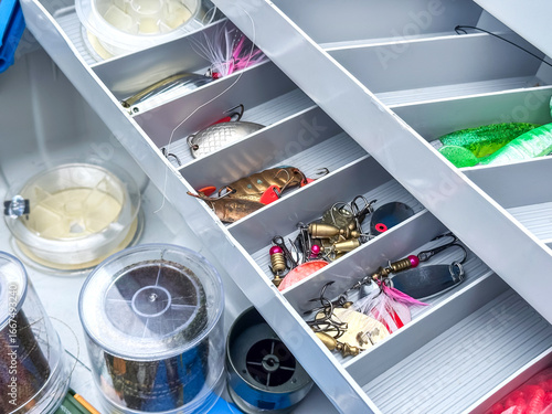 Photography Blue tackle box filled with fishing gear, including lures, hooks, and lines, ready for a day of fishing