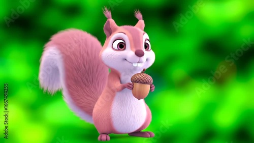 Cartoon Squirrel Holding Acorn in Nature Background