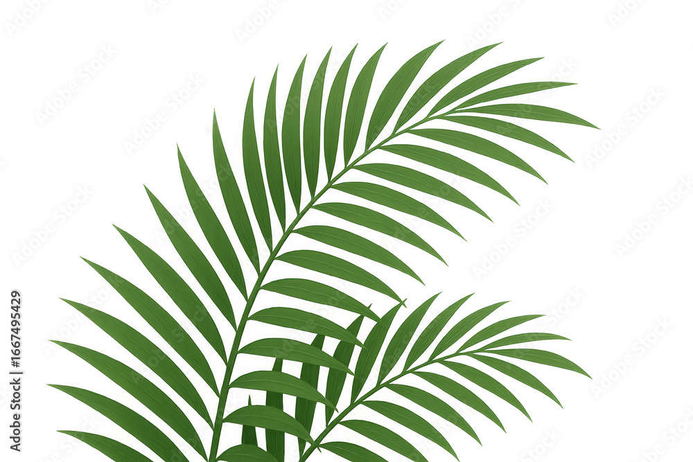 Fototapeta premium Verdant palm fronds arching elegantly, showcasing delicate veins and vibrant green hues against crisp white backdrop
