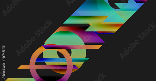 Abstract colorful shapes overlap, creating dynamic composition. Vivid hues blend, forming intriguing visual effect. Modern design.
