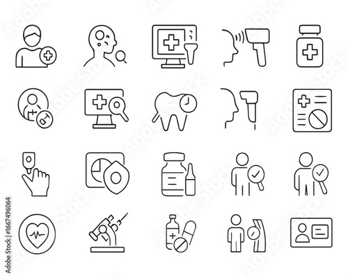 Set of outline icons related to health checkup. Linear icon collection