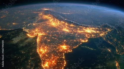 A night view of the Indian subcontinent, illuminated by city lights, viewed from space