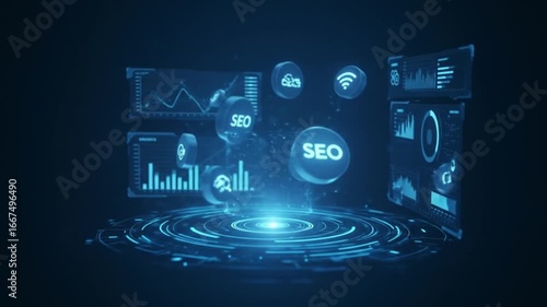 Advanced Search Engine Optimization technology concept with a futuristic holographic user interface showing data analytics and digital marketing strategy