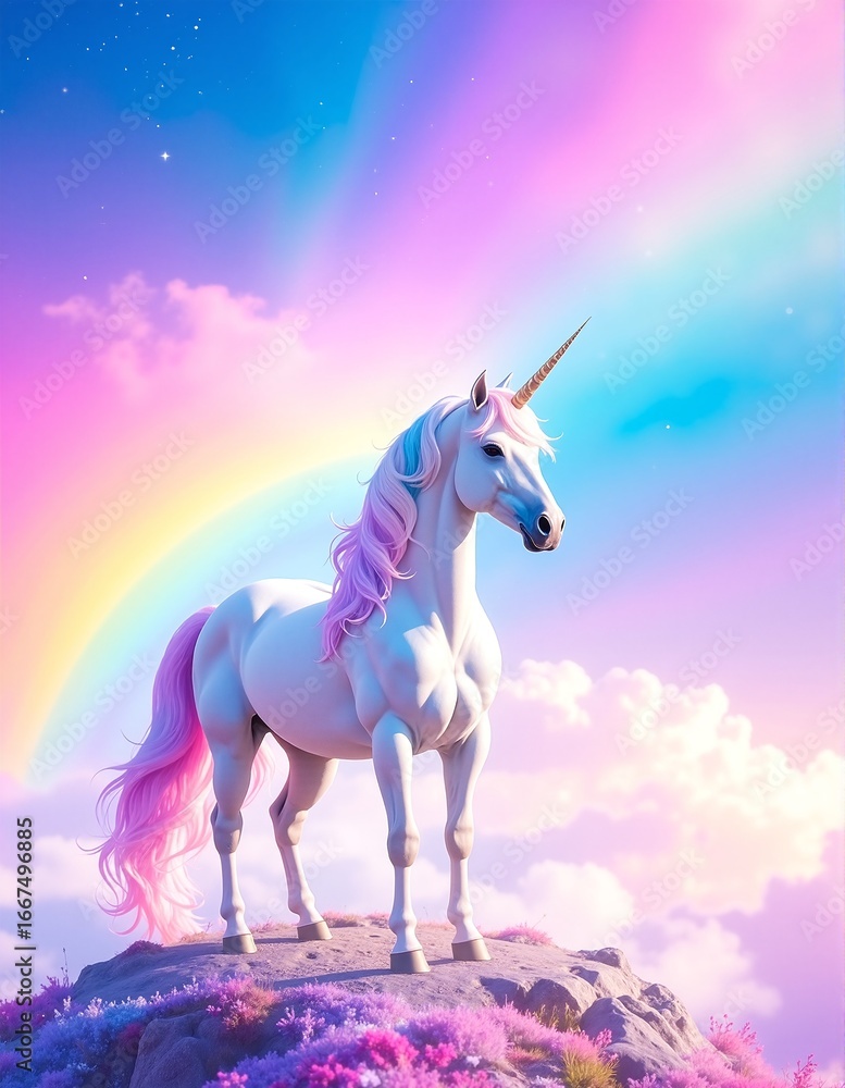 Fototapeta premium A majestic unicorn perched atop a rugged rock formation.