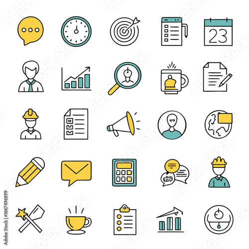 Collection of business and finance icons on a black background