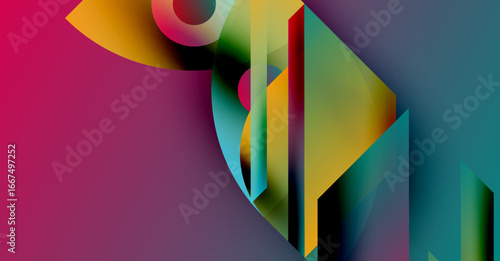 Abstract geometric shapes blend vibrant colors. Dynamic composition creates modern visual experience. Smooth gradients, sharp angles present intriguing design.
