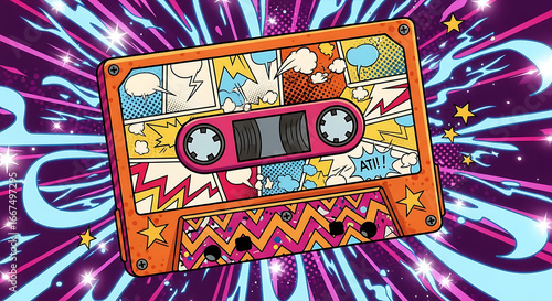 A vibrant, retro cassette tape adorned with colorful comic book panels, set against a dynamic, starburst background, evoking a sense of nostalgia and energetic music.