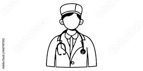 Illustration of a doctor with a stethoscope and cap in black and white outline style drawing design