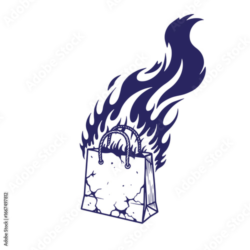 A symbolic graphic of a damaged shopping bag engulfed in a blaze of flames