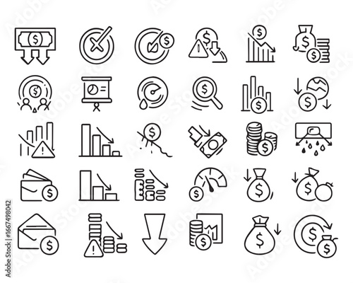 Set of outline icons related to lose money, bankruptcy. Linear icon collection