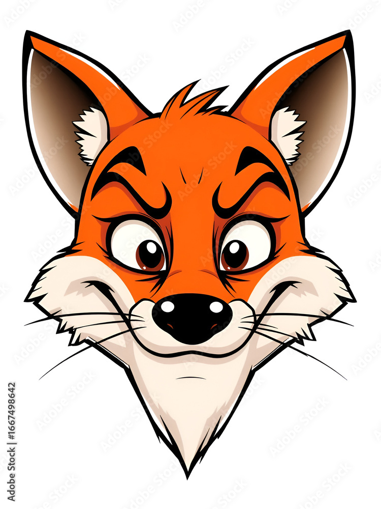 Obraz premium 3d funny cartoon sly fox face close-up, isolated, on white background. Comic character, funny print, illustration for ironic advertising, sketch for logo.