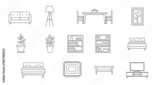 Outline icon collection of essential home furnishings, including a sofa, bed, and shelves, for modern interior design concepts